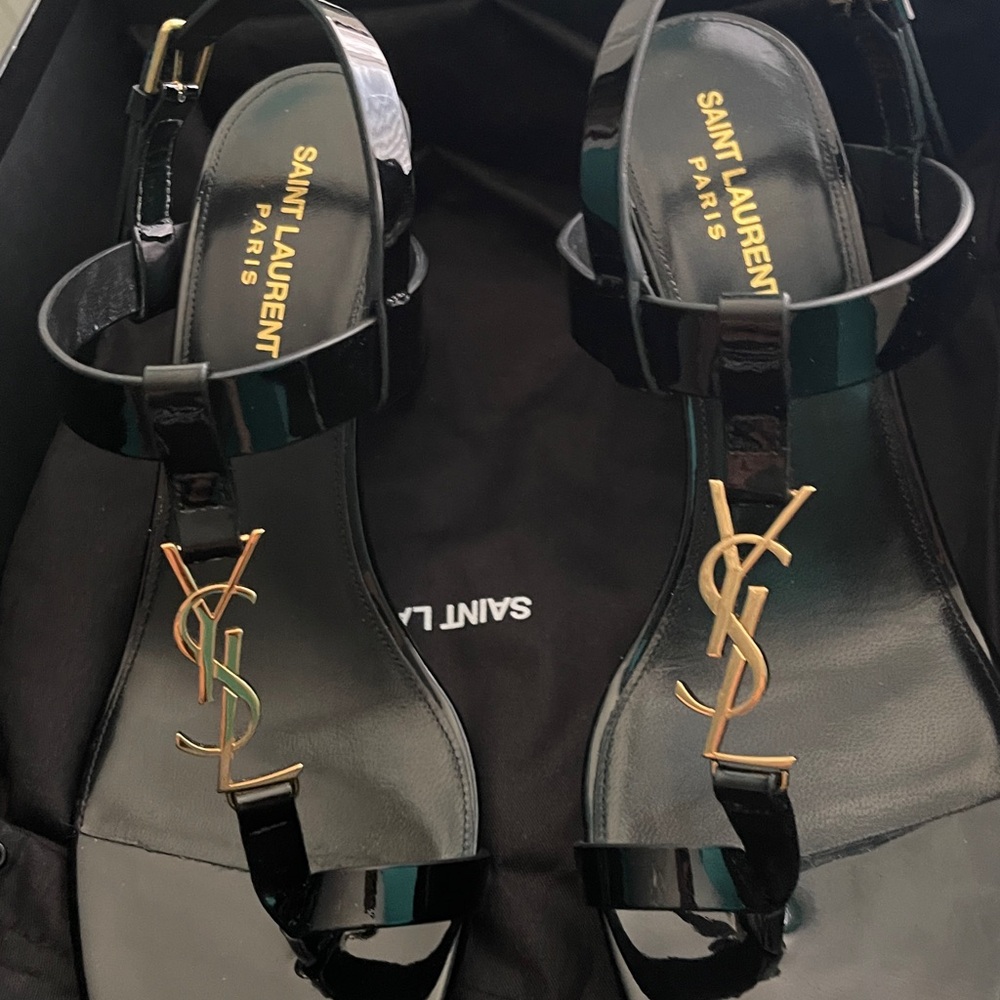 Saint Laurent Black Patent Leather Sandals with Gold YSL Logo Cassandra